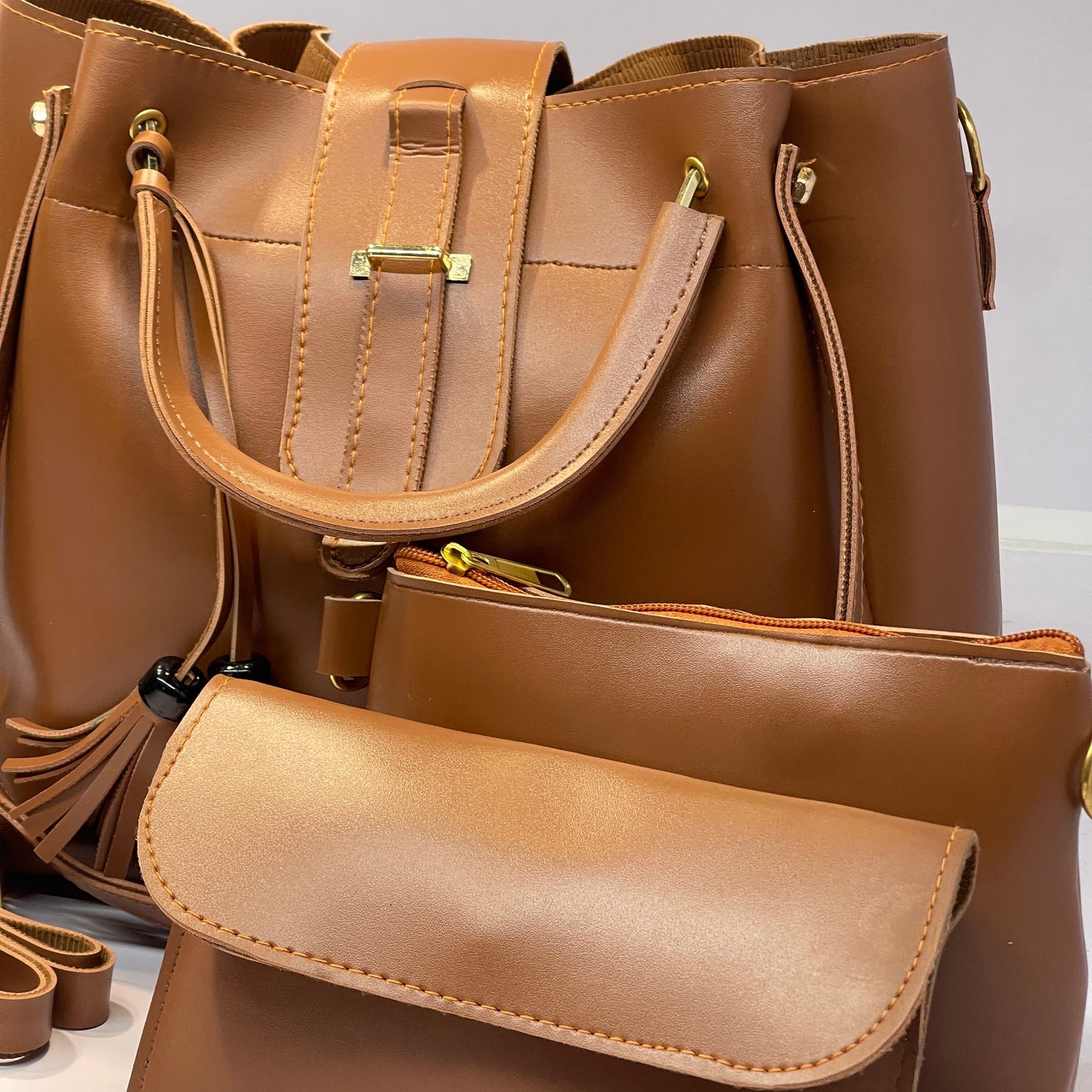 Classic Camel Brown Handbag Trio