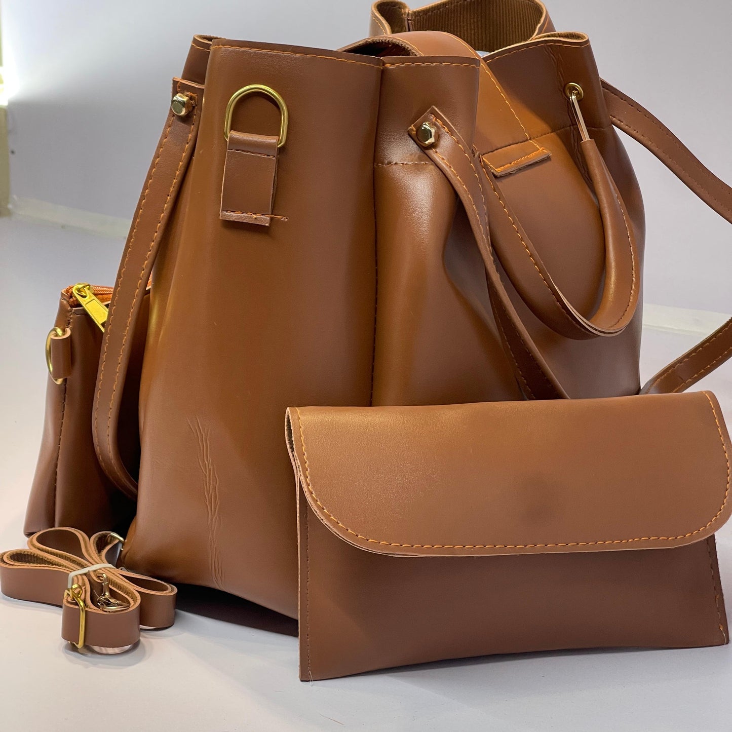 Classic Camel Brown Handbag Trio